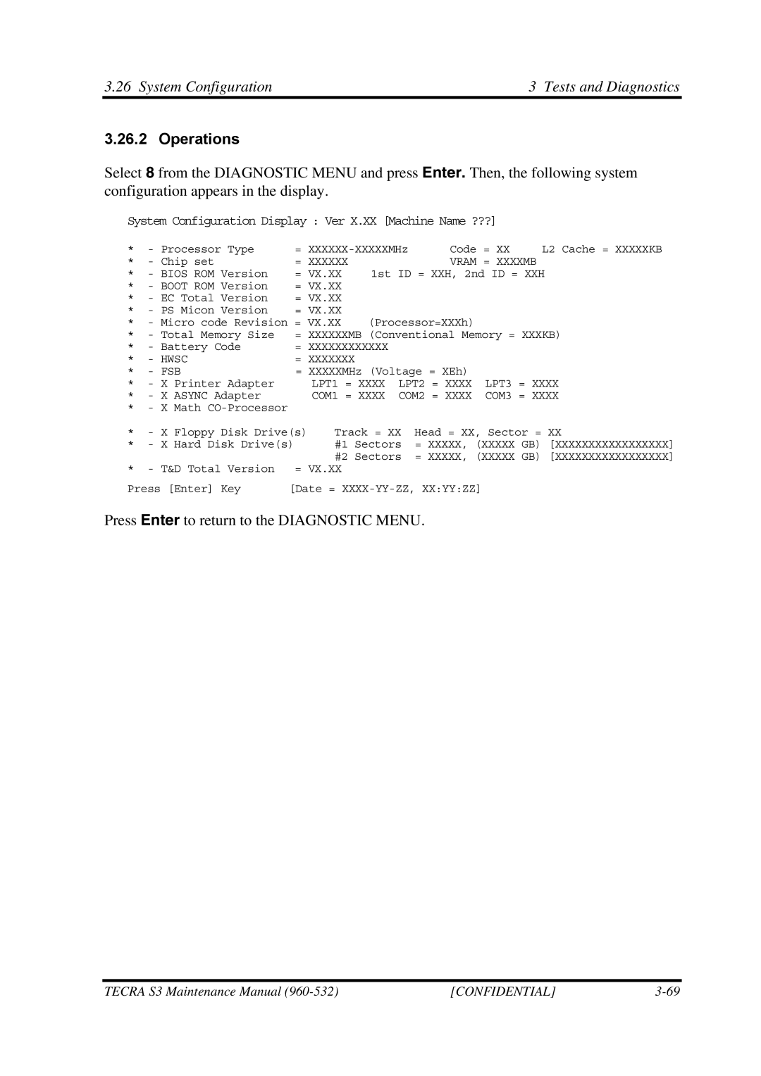 Toshiba S4 manual System Configuration Tests and Diagnostics, System Configuration Display Ver X.XX Machine Name ??? 