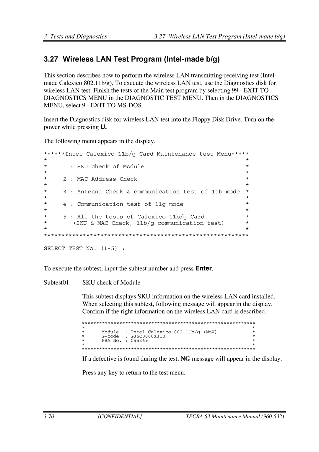 Toshiba S4 manual Wireless LAN Test Program Intel-made b/g 