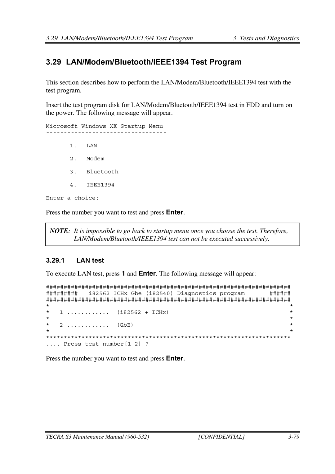 Toshiba S4 manual 29 LAN/Modem/Bluetooth/IEEE1394 Test Program, LAN test 