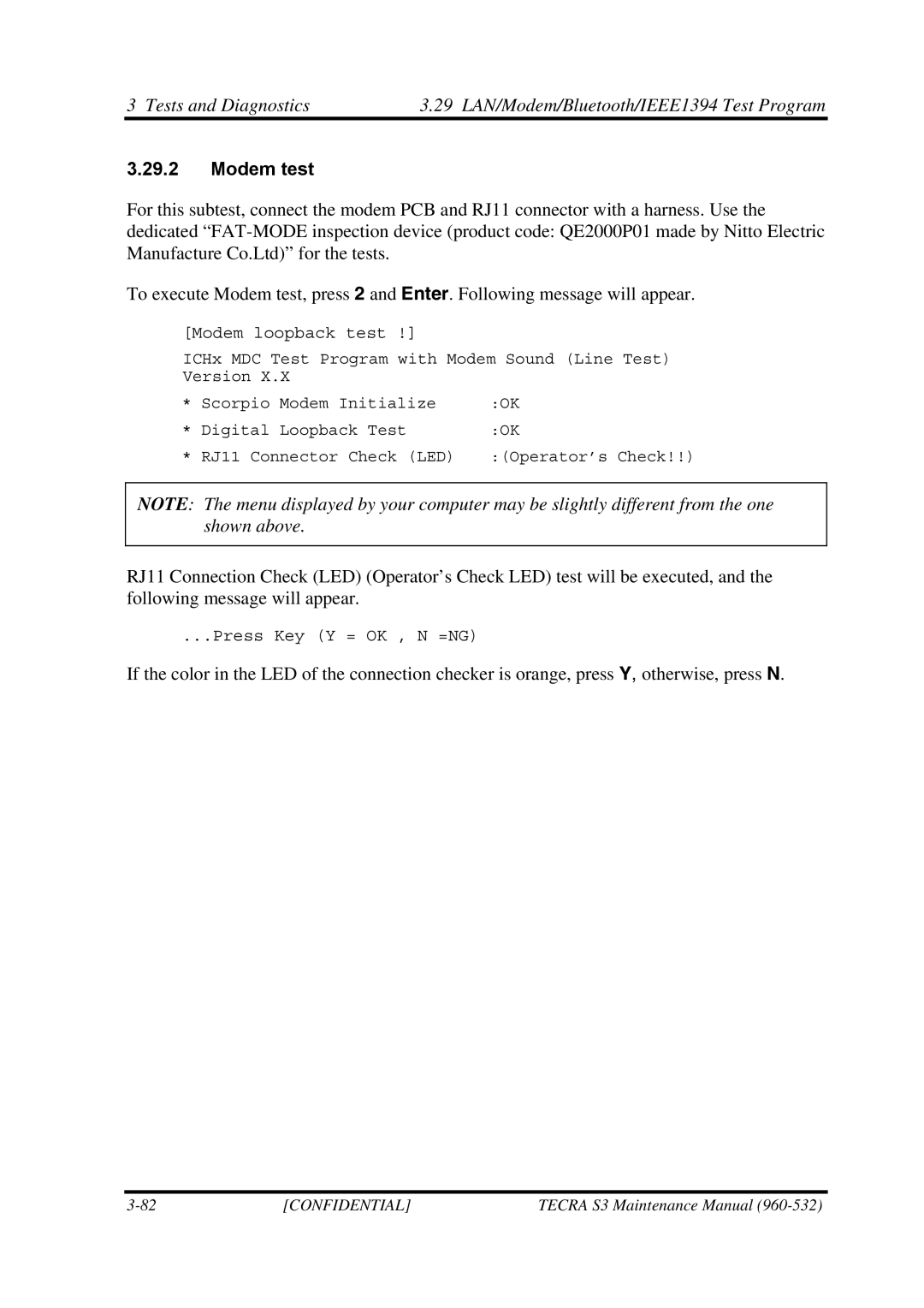 Toshiba S4 manual Modem test, Modem loopback test 