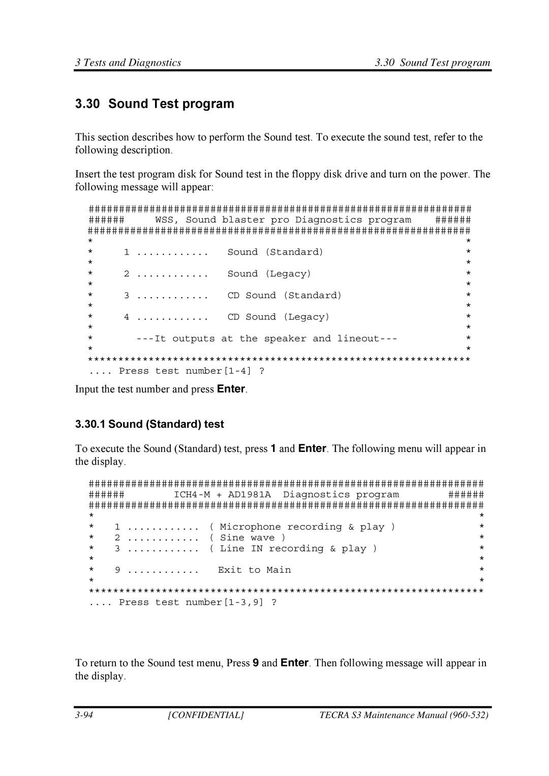 Toshiba S4 manual Tests and Diagnostics Sound Test program, Sound Standard test 