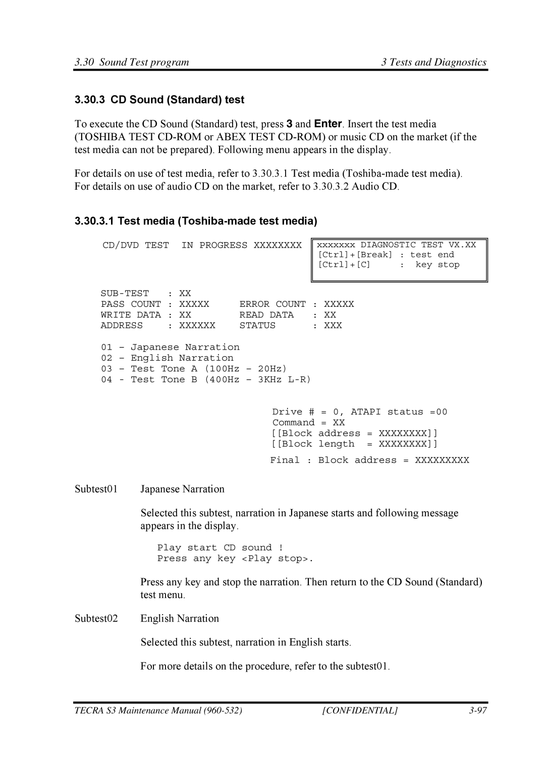 Toshiba S4 manual CD Sound Standard test, Test media Toshiba-made test media 