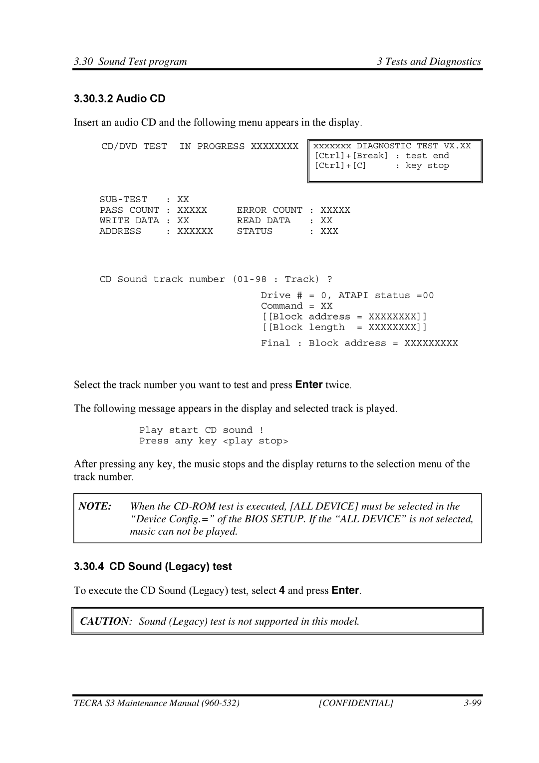 Toshiba S4 manual Audio CD, CD Sound Legacy test 