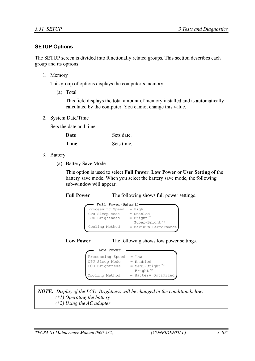 Toshiba S4 manual Setup Options, Date Sets date Time Sets time, Using the AC adapter 