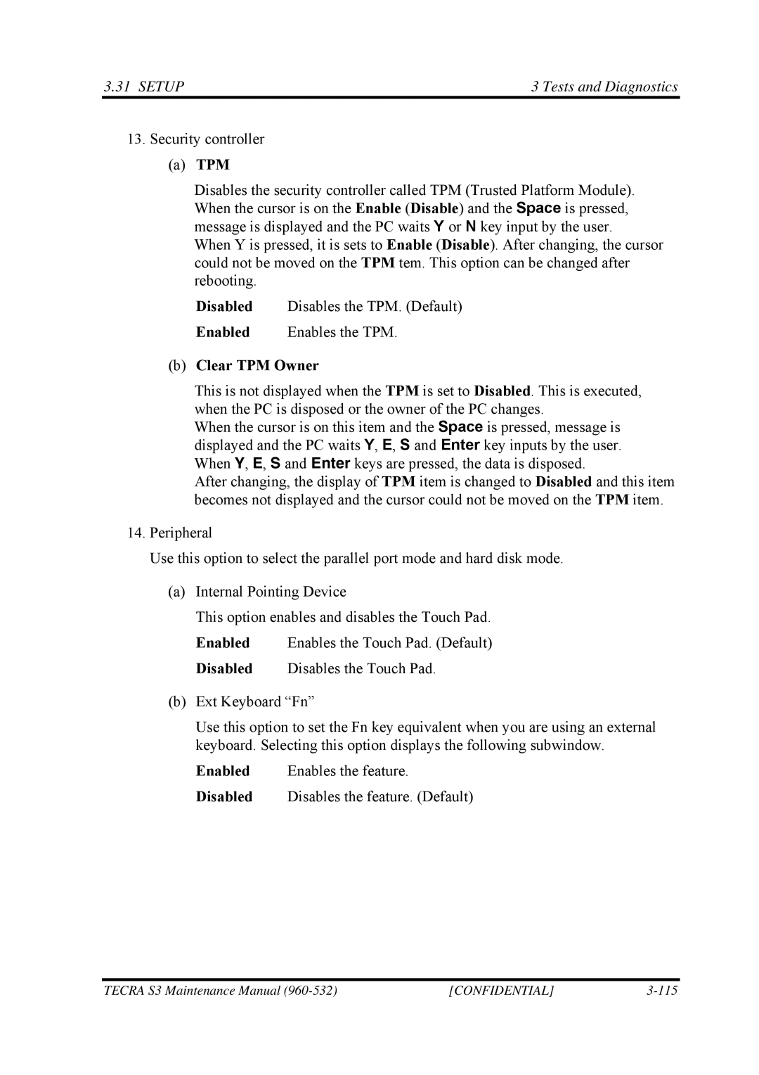 Toshiba S4 manual Tpm, Clear TPM Owner 