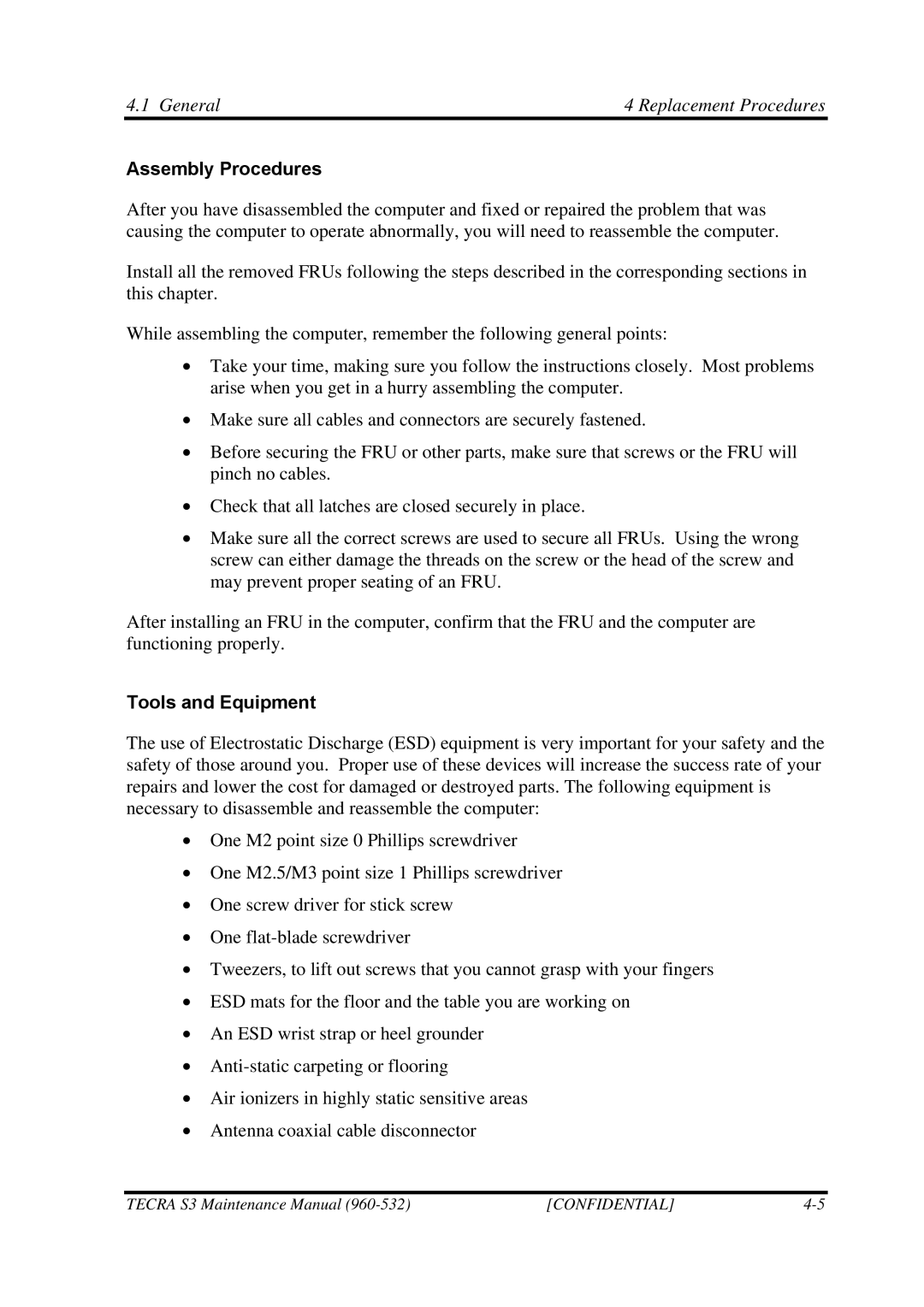 Toshiba S4 manual Assembly Procedures, Tools and Equipment 