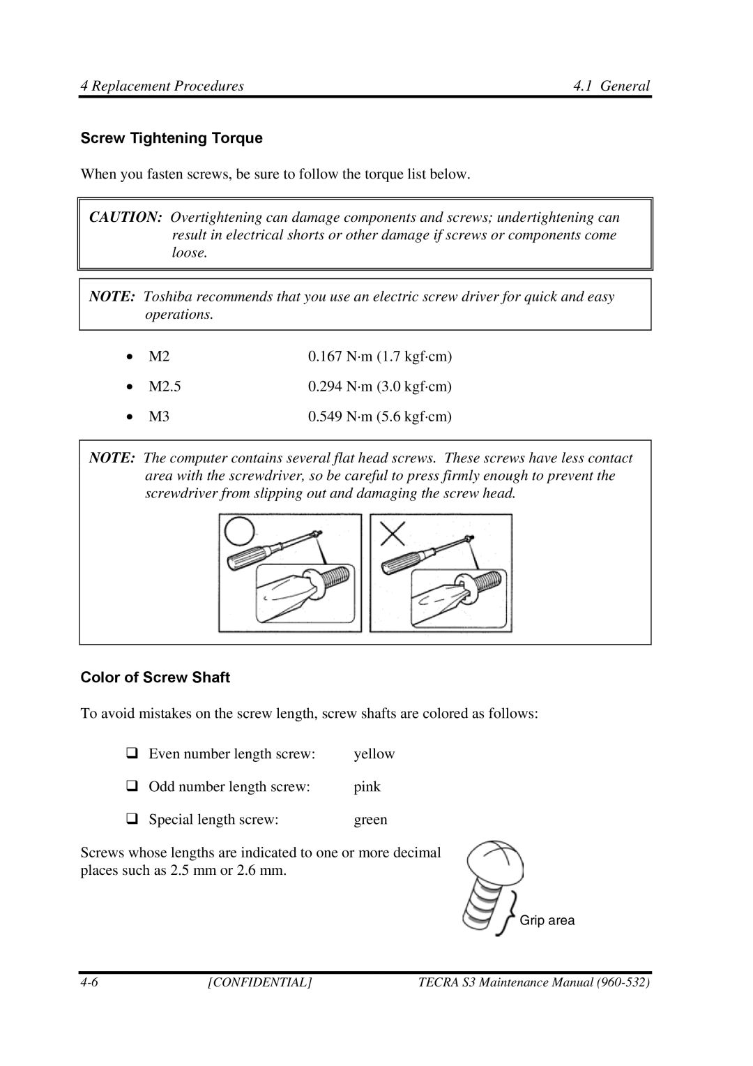 Toshiba S4 manual Screw Tightening Torque, Color of Screw Shaft 