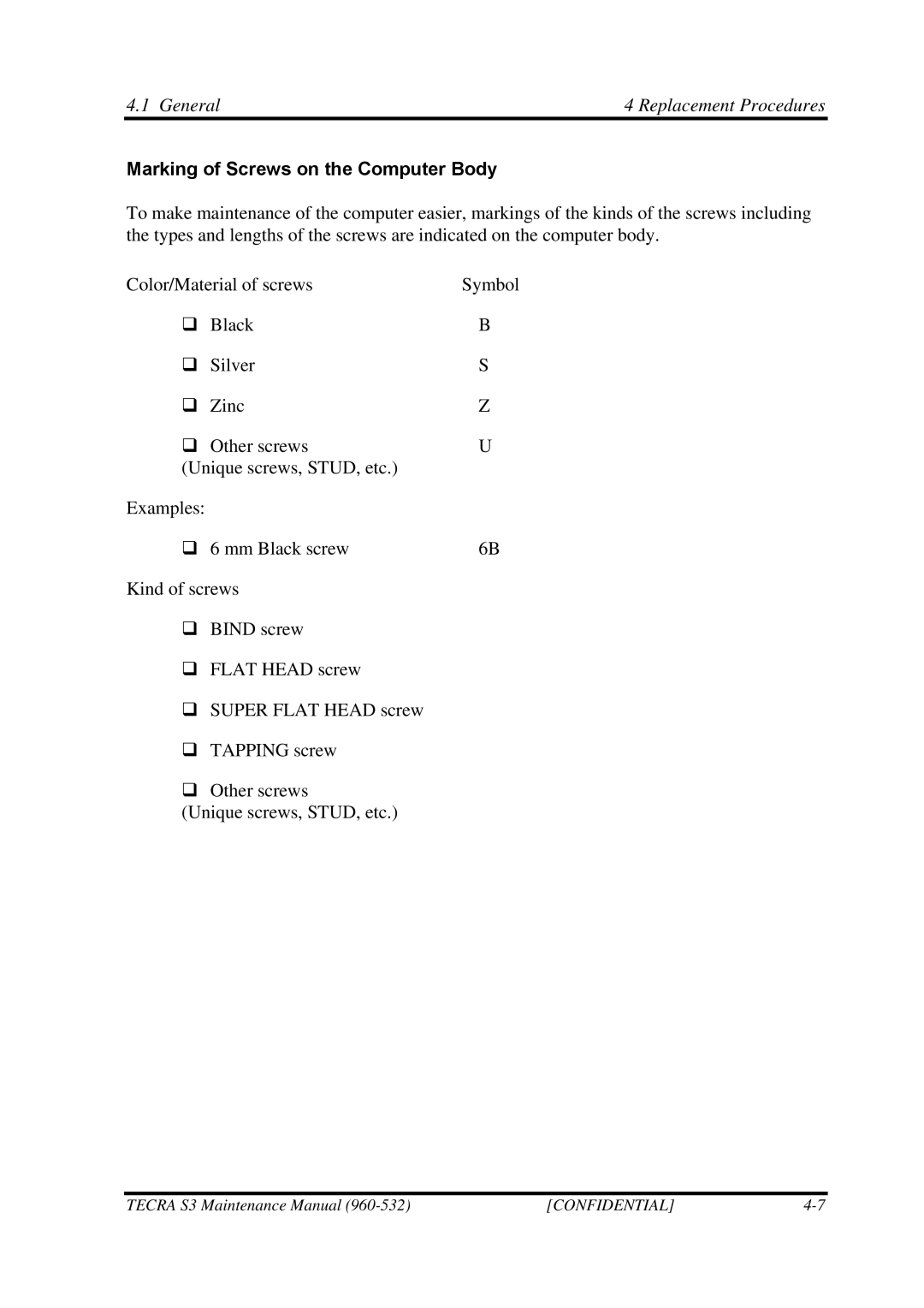 Toshiba S4 manual Marking of Screws on the Computer Body 