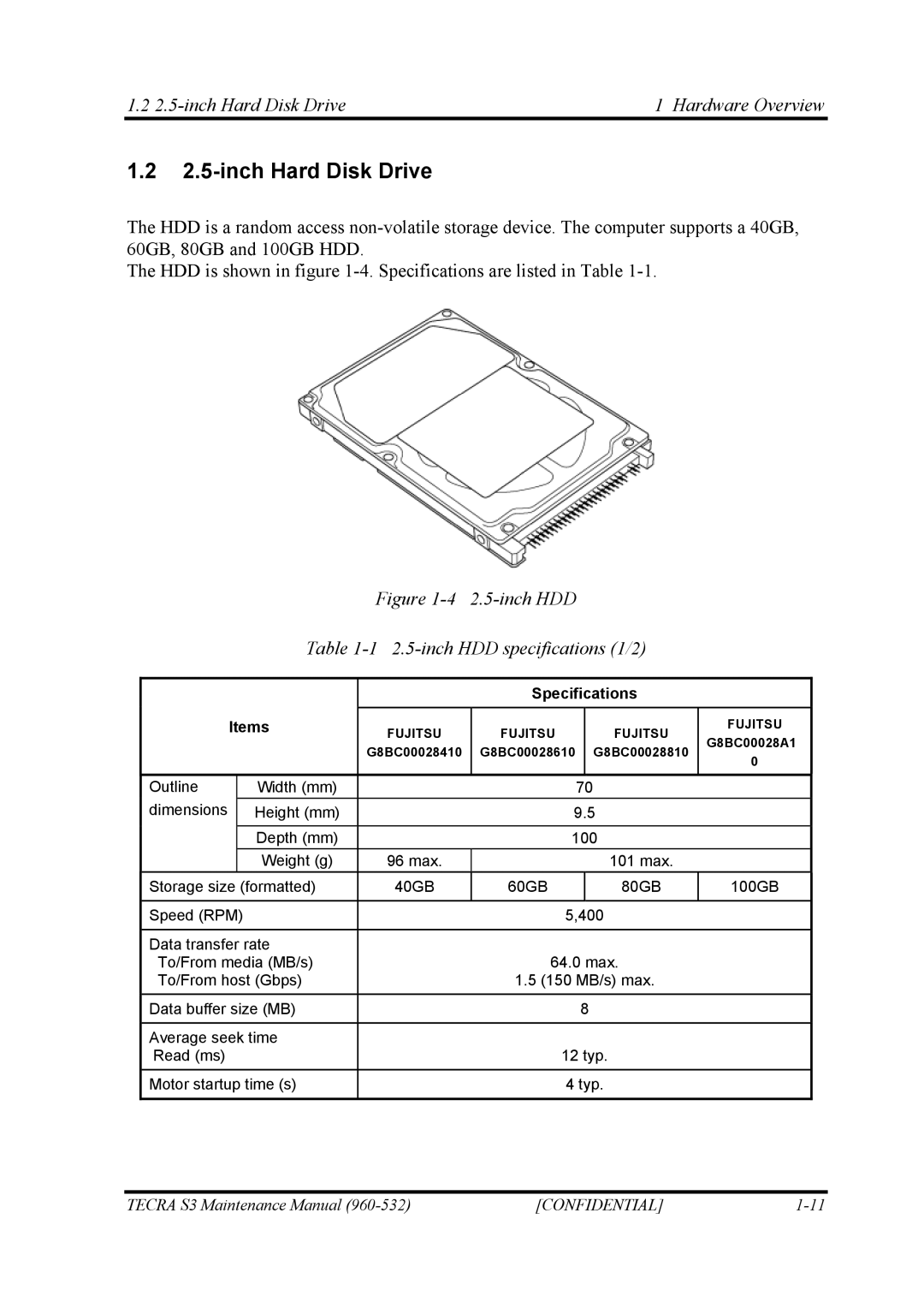 Toshiba S4 manual inch Hard Disk Drive Hardware Overview, Specifications Items 