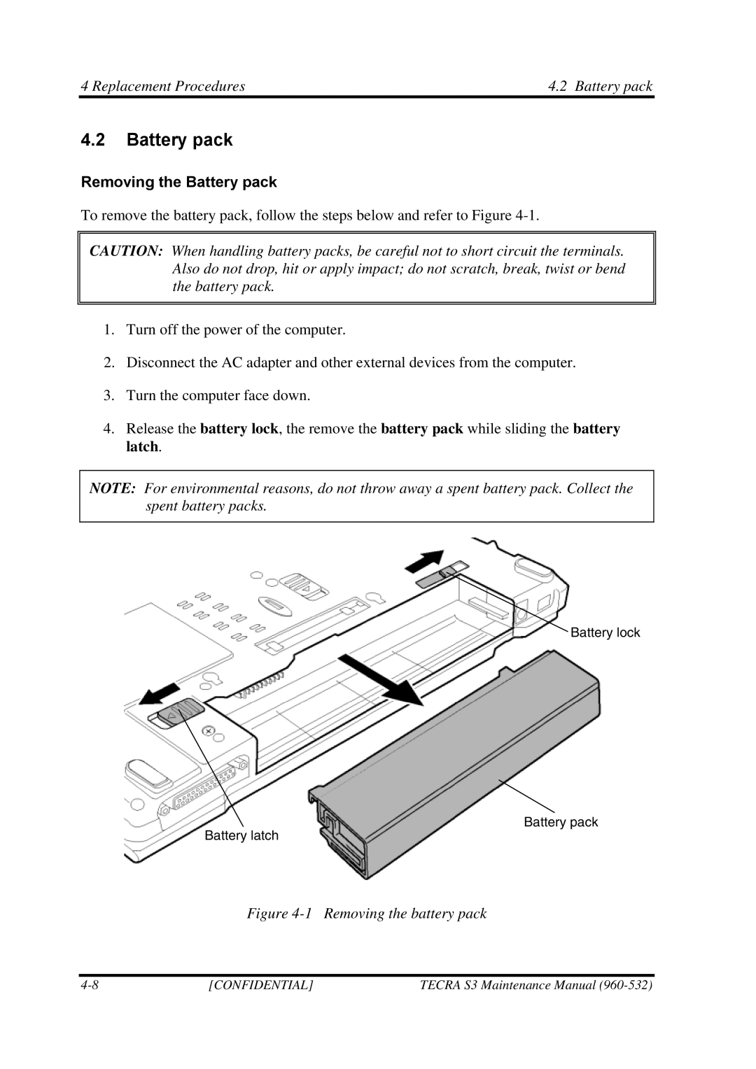 Toshiba S4 manual Replacement Procedures Battery pack, Removing the Battery pack 