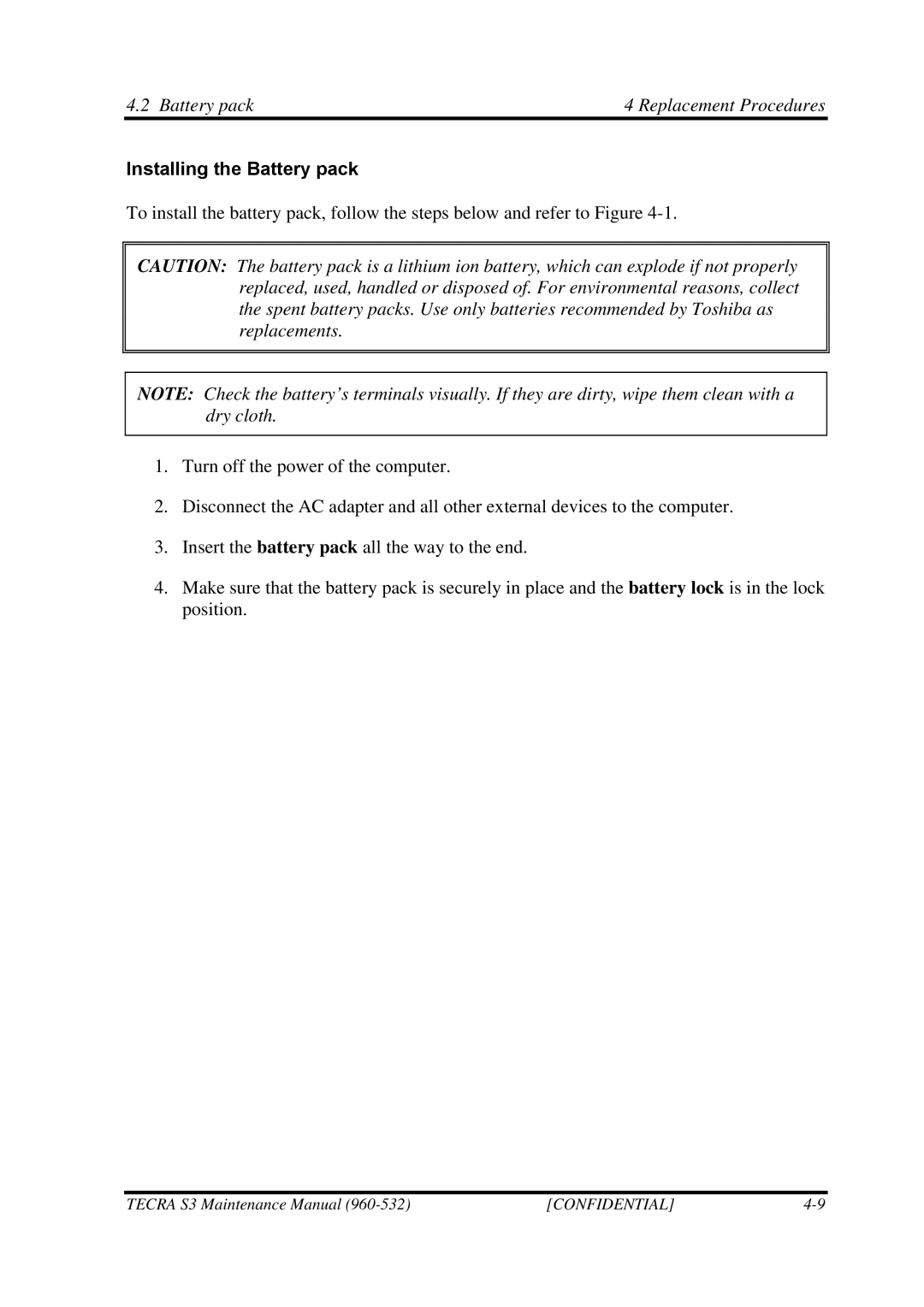 Toshiba S4 manual Battery pack Replacement Procedures, Installing the Battery pack 