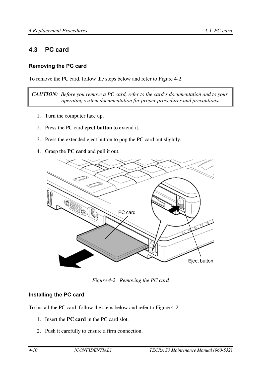 Toshiba S4 manual Replacement Procedures PC card, Removing the PC card, Installing the PC card 