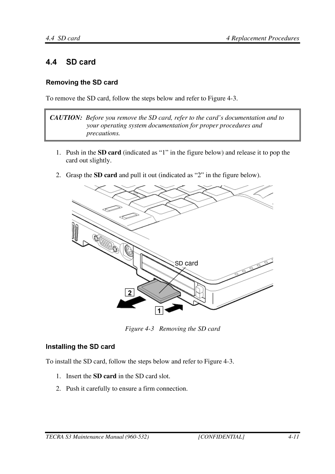 Toshiba S4 manual SD card Replacement Procedures, Removing the SD card, Installing the SD card 