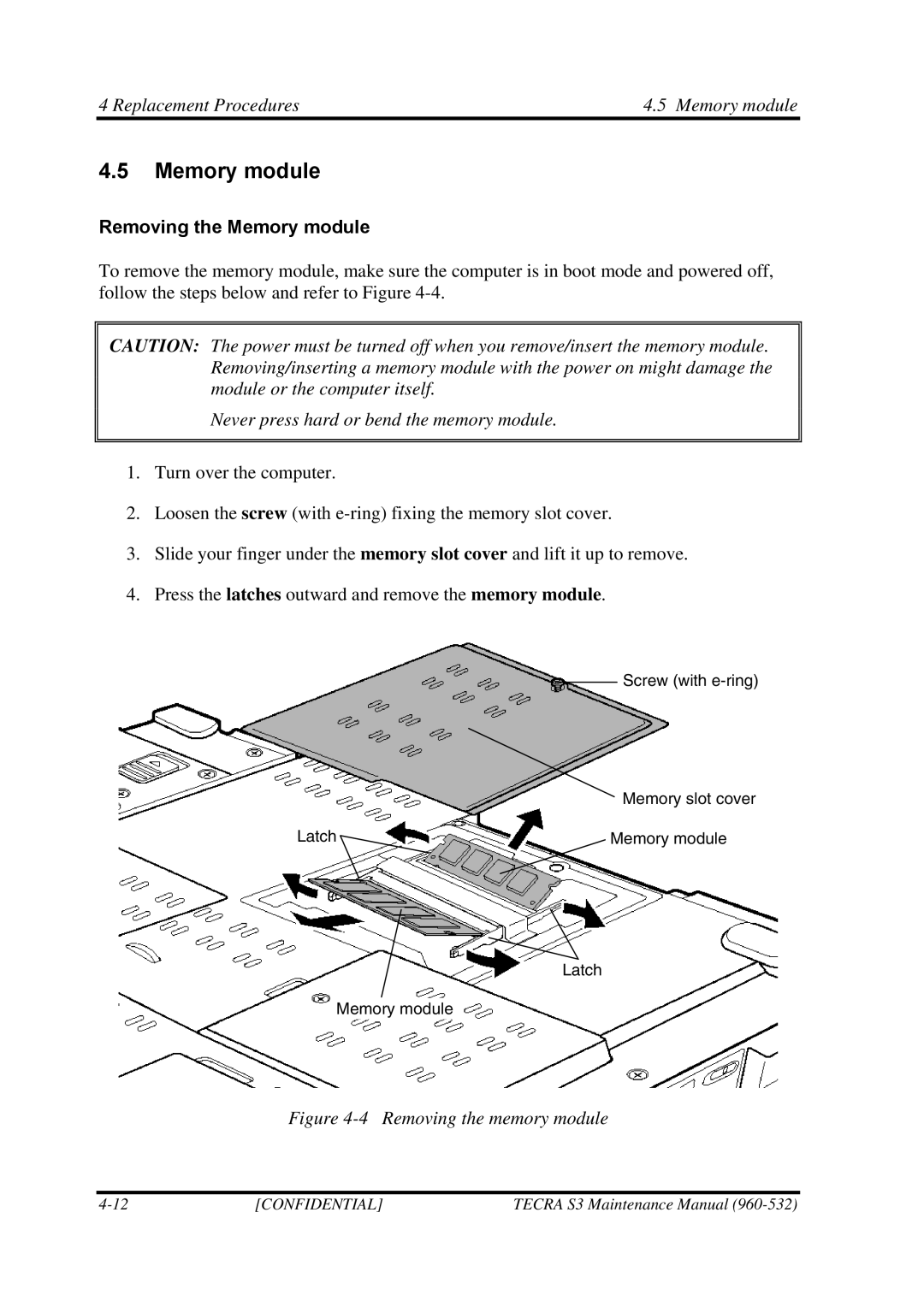 Toshiba S4 manual Replacement Procedures Memory module, Removing the Memory module 