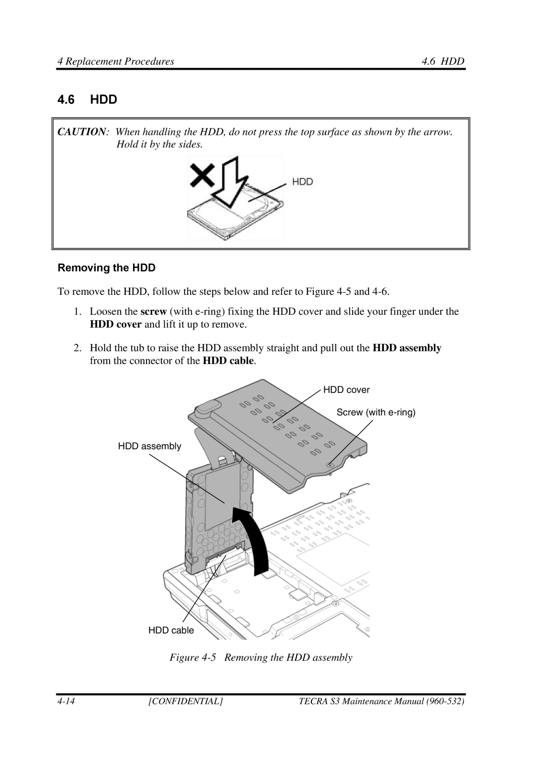 Toshiba S4 manual Hdd, Replacement Procedures HDD, Removing the HDD 