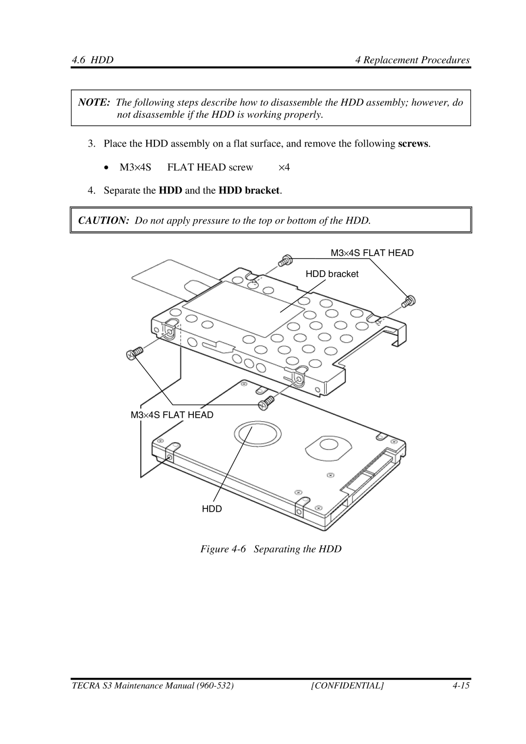 Toshiba S4 manual HDD Replacement Procedures, Separating the HDD 