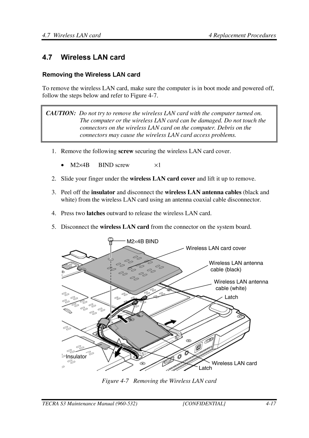 Toshiba S4 manual Wireless LAN card Replacement Procedures, Removing the Wireless LAN card 