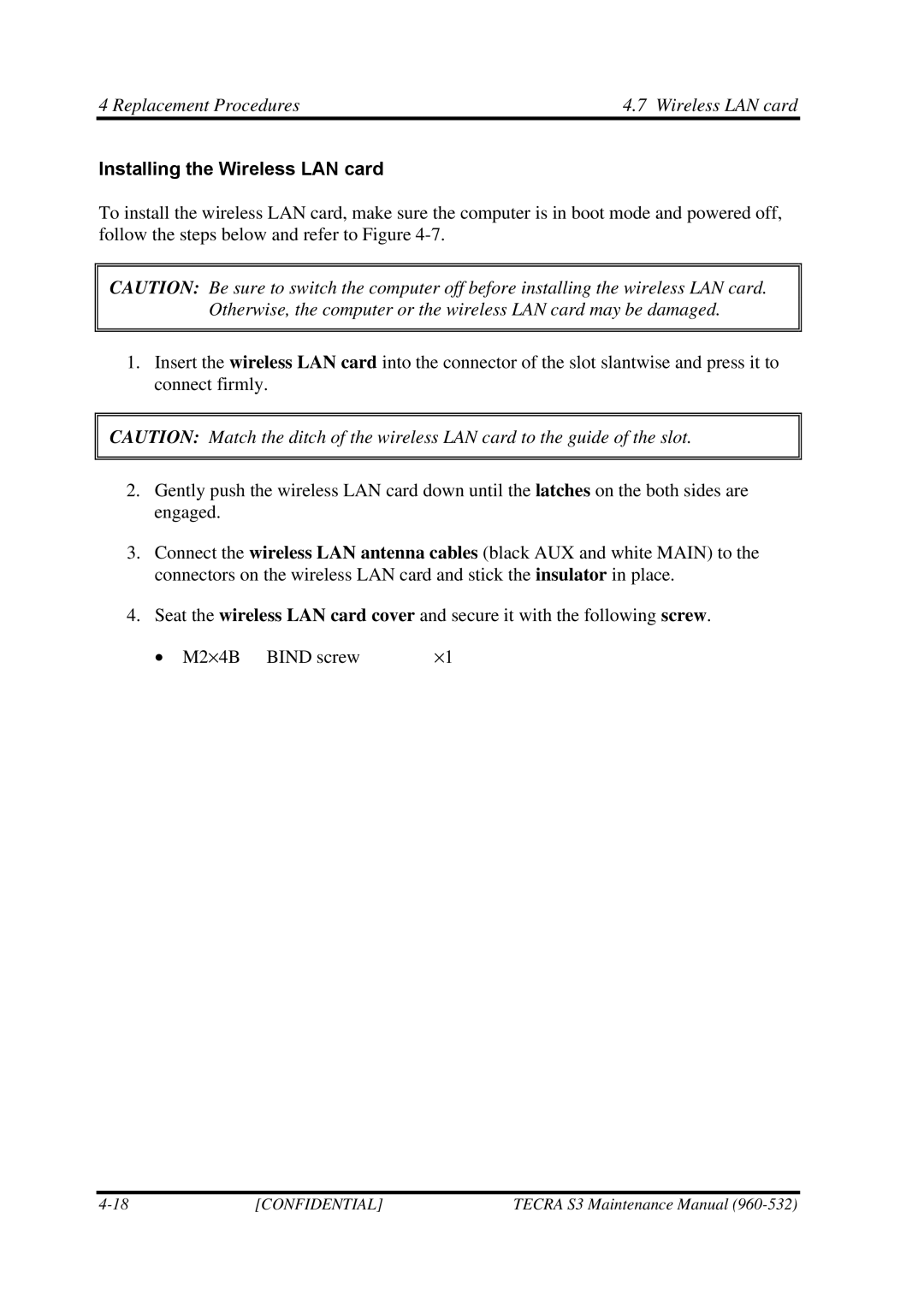 Toshiba S4 manual Replacement Procedures Wireless LAN card, Installing the Wireless LAN card 