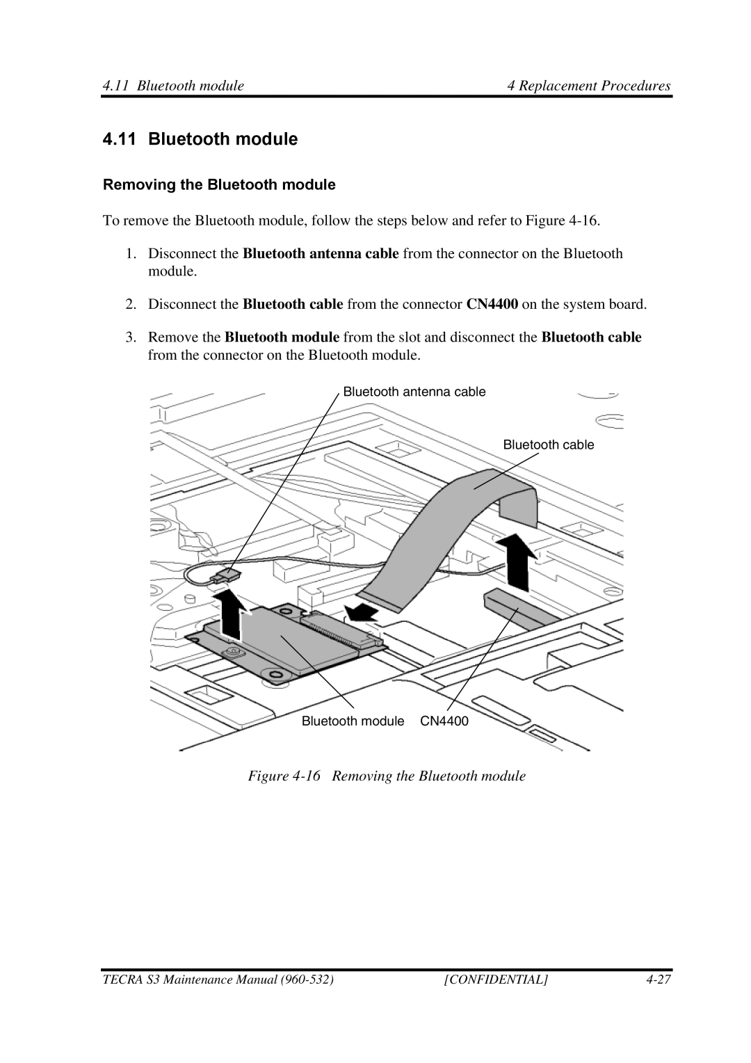 Toshiba S4 manual Bluetooth module Replacement Procedures, Removing the Bluetooth module 