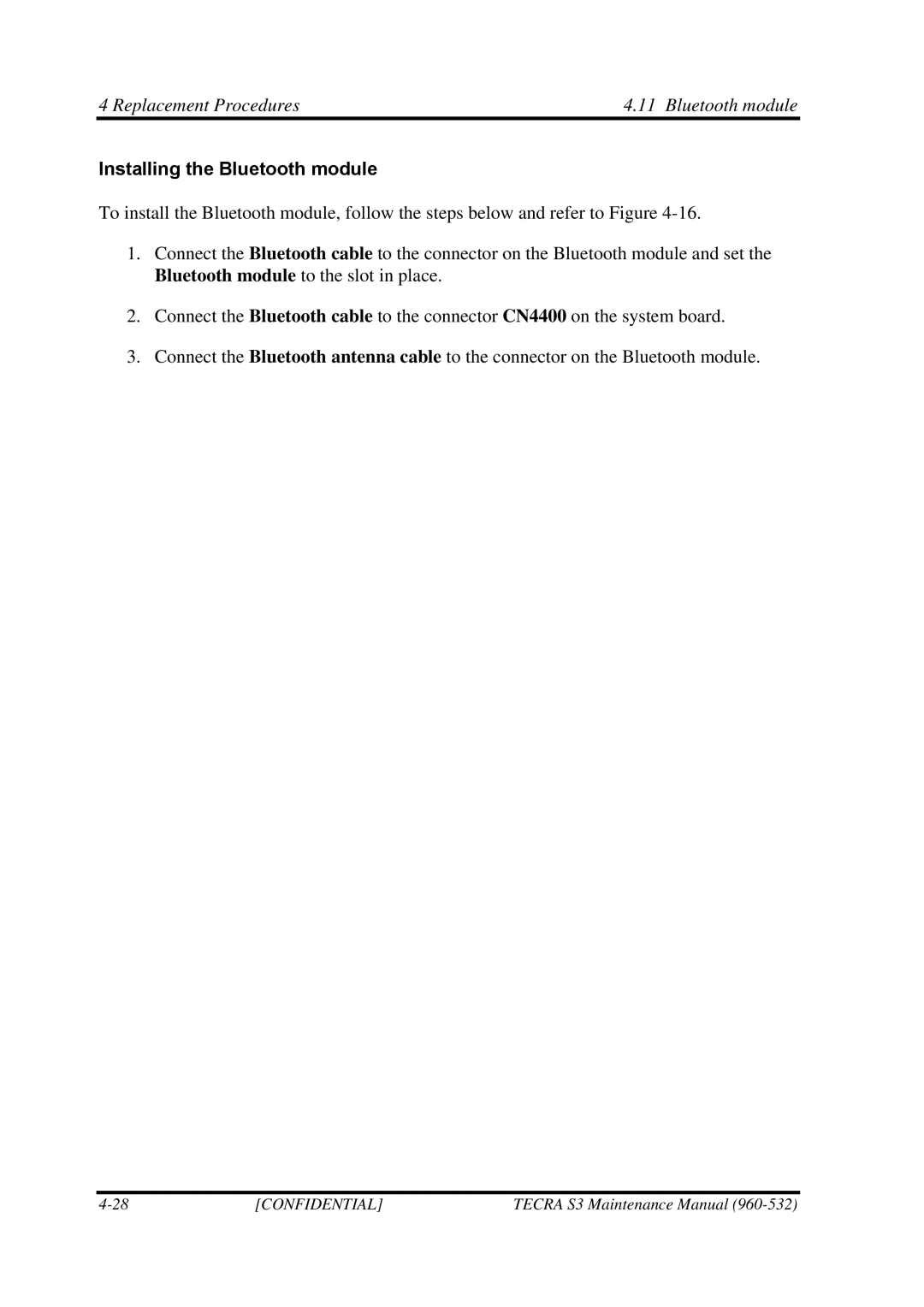 Toshiba S4 manual Replacement Procedures Bluetooth module, Installing the Bluetooth module 