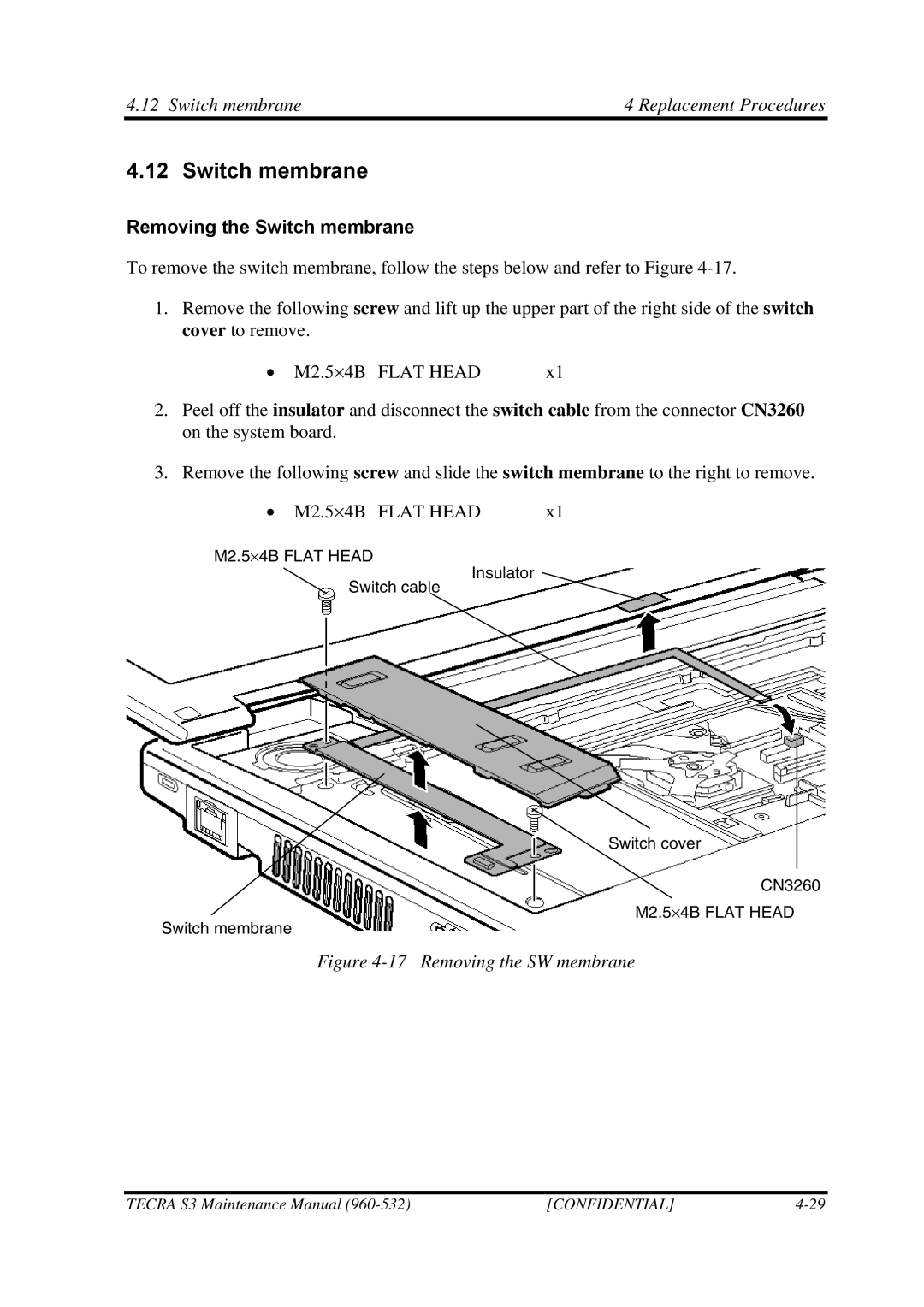 Toshiba S4 manual Switch membrane Replacement Procedures, Removing the Switch membrane 