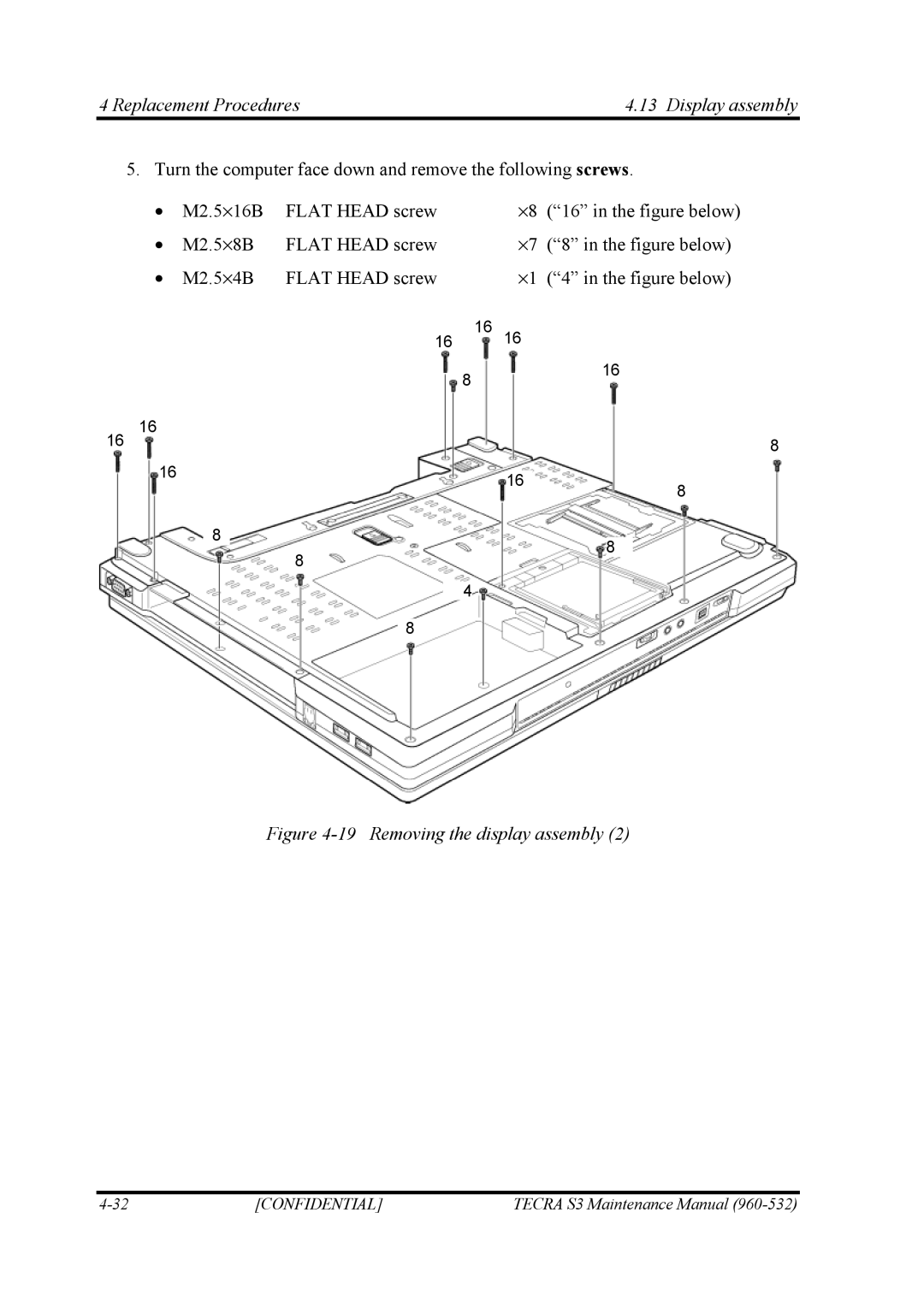 Toshiba S4 manual Replacement Procedures Display assembly, Removing the display assembly 