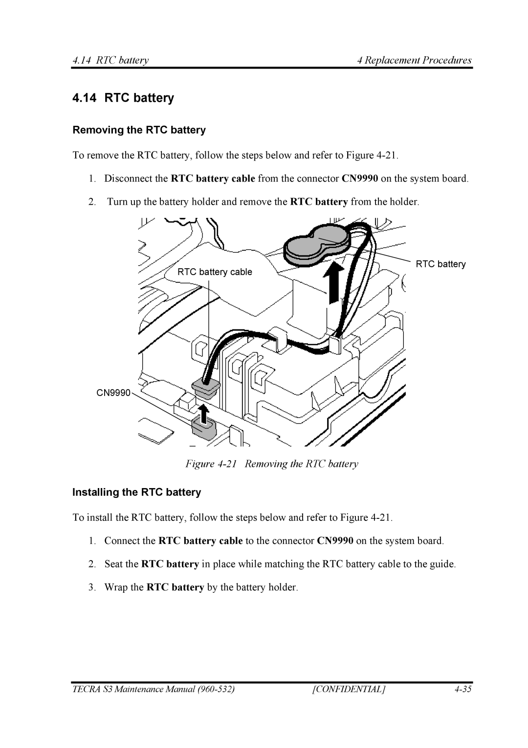 Toshiba S4 manual RTC battery Replacement Procedures, Removing the RTC battery, Installing the RTC battery 