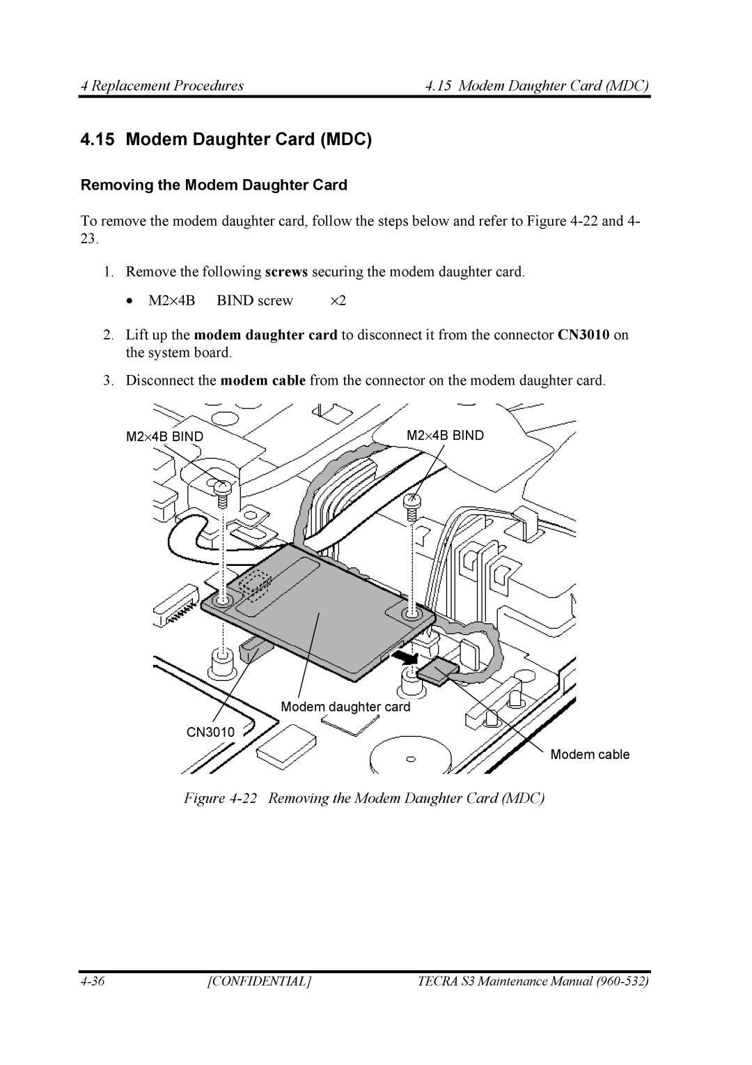 Toshiba S4 manual Replacement Procedures Modem Daughter Card MDC, Removing the Modem Daughter Card 