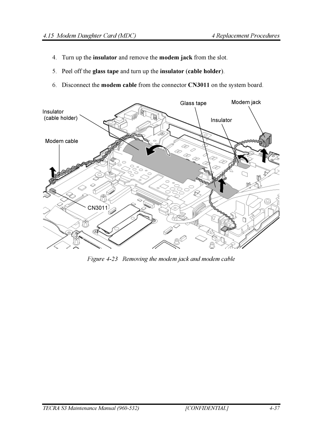 Toshiba S4 manual Modem Daughter Card MDC Replacement Procedures, Removing the modem jack and modem cable 