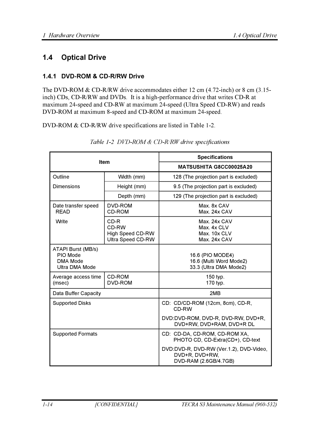 Toshiba S4 manual Hardware Overview Optical Drive, DVD-ROM & CD-R/RW Drive, DVD-ROM & CD-R/RW drive specifications 