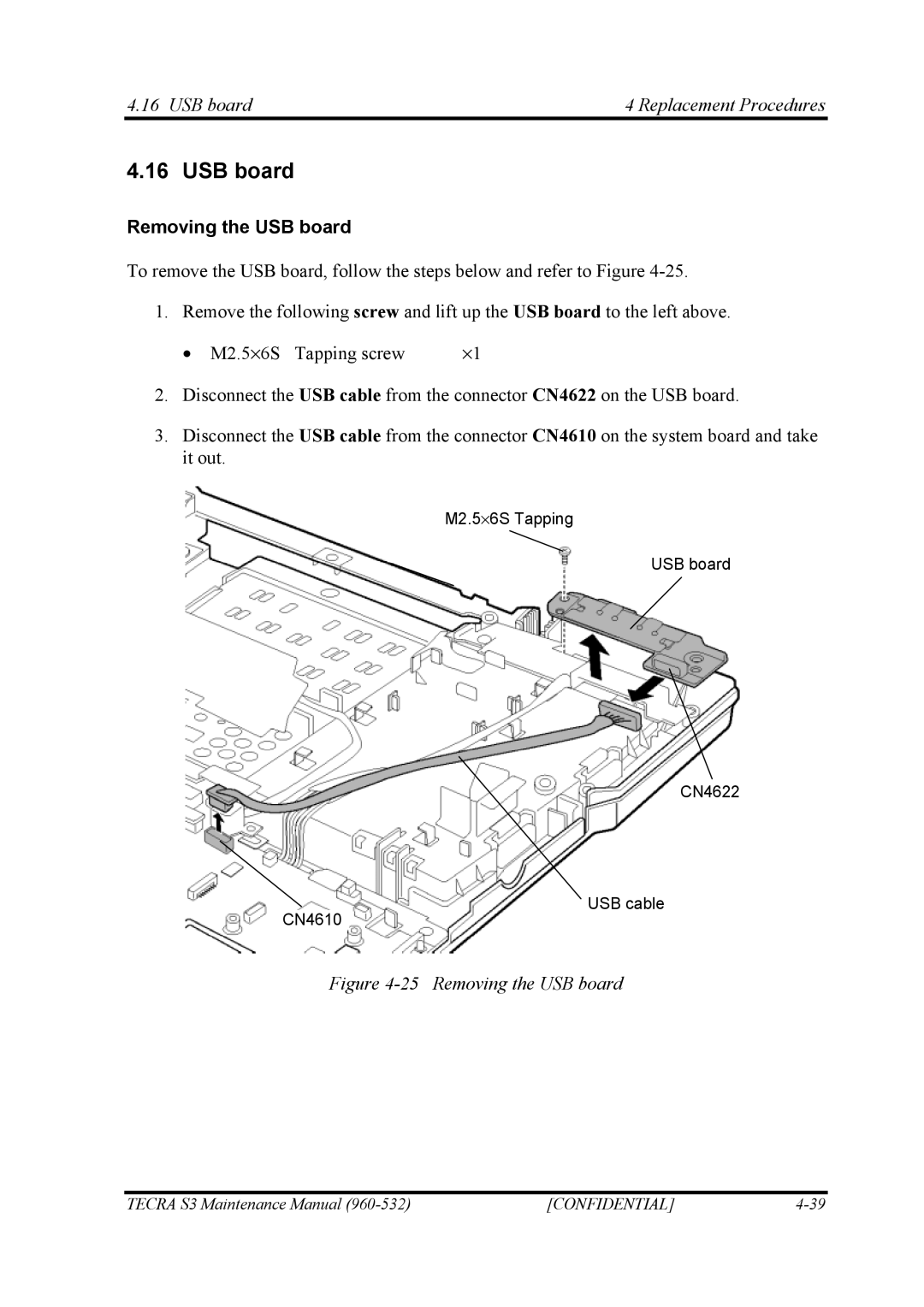 Toshiba S4 manual USB board Removing the USB board, USB board4 Replacement Procedures 