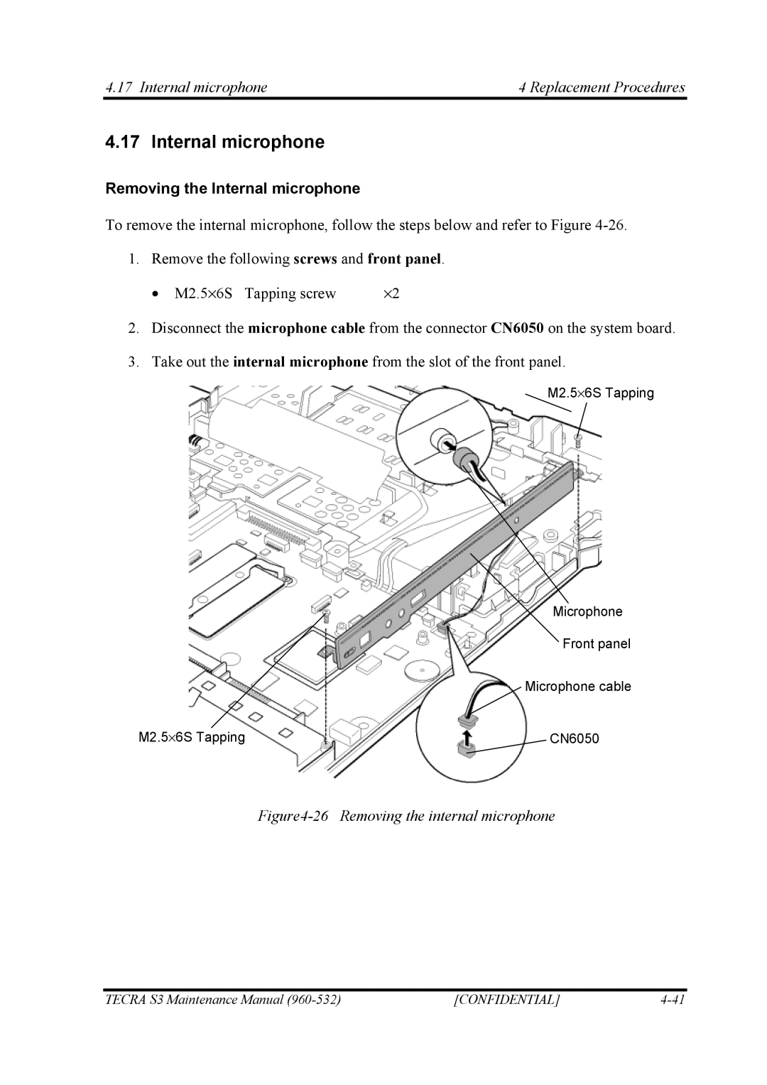 Toshiba S4 manual Internal microphone Removing the Internal microphone, Internal microphone4 Replacement Procedures 