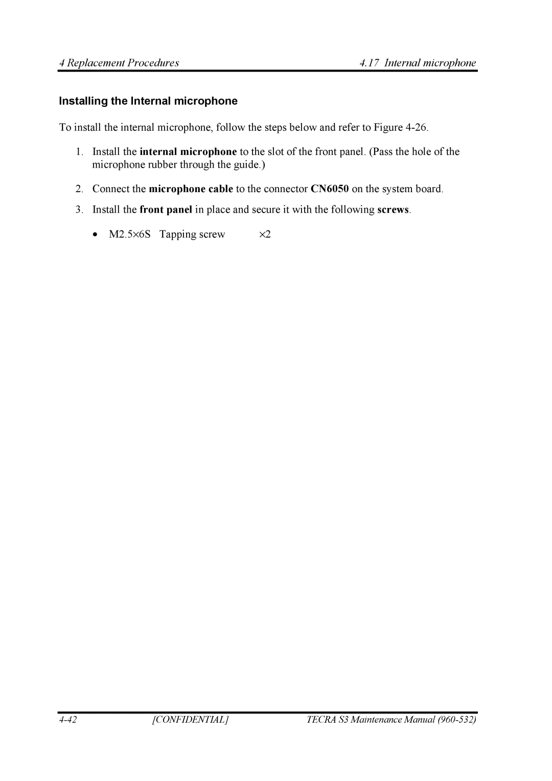 Toshiba S4 manual Replacement Procedures Internal microphone, Installing the Internal microphone 