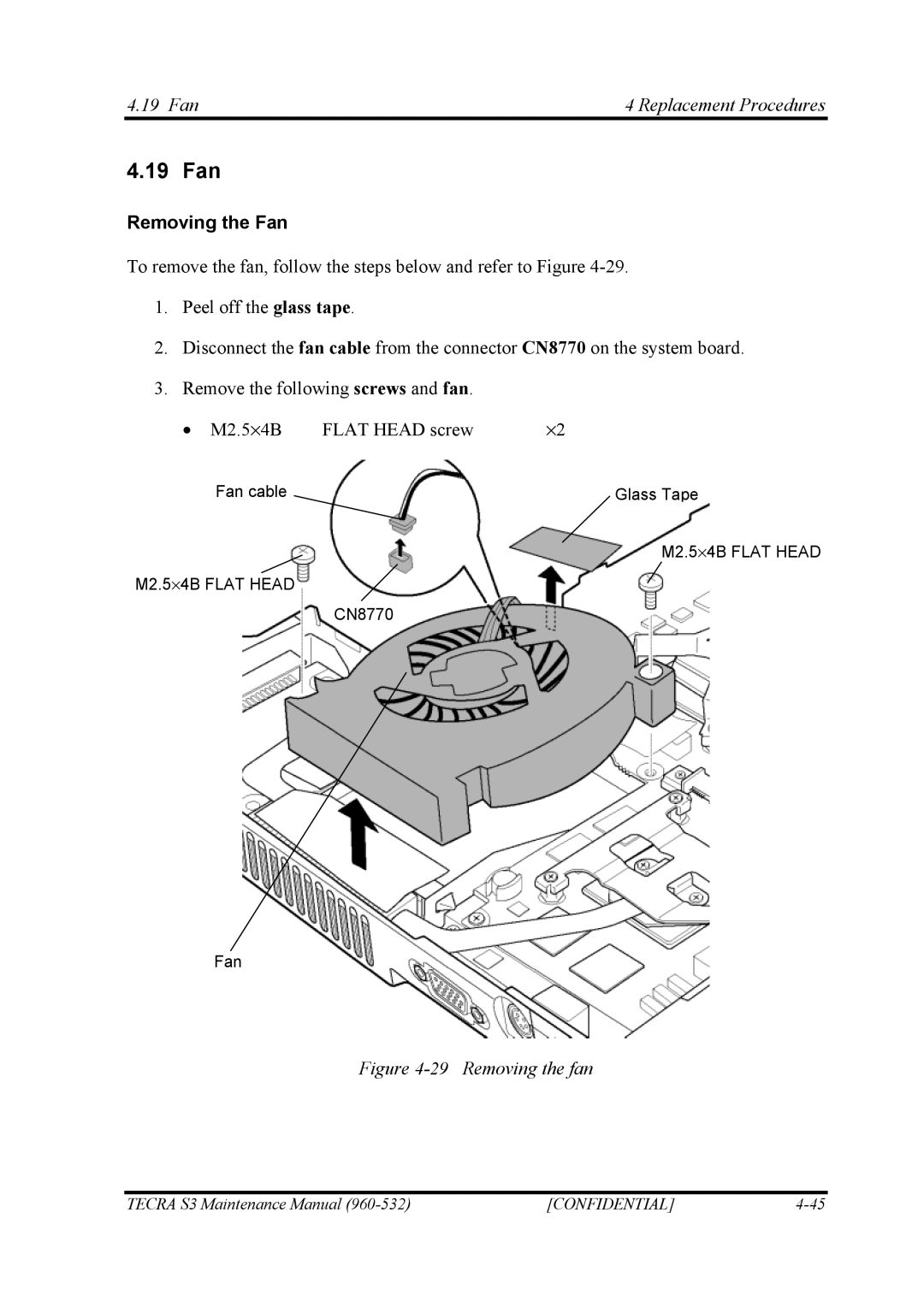 Toshiba S4 manual 19 Fan, Fan Replacement Procedures, Removing the Fan 