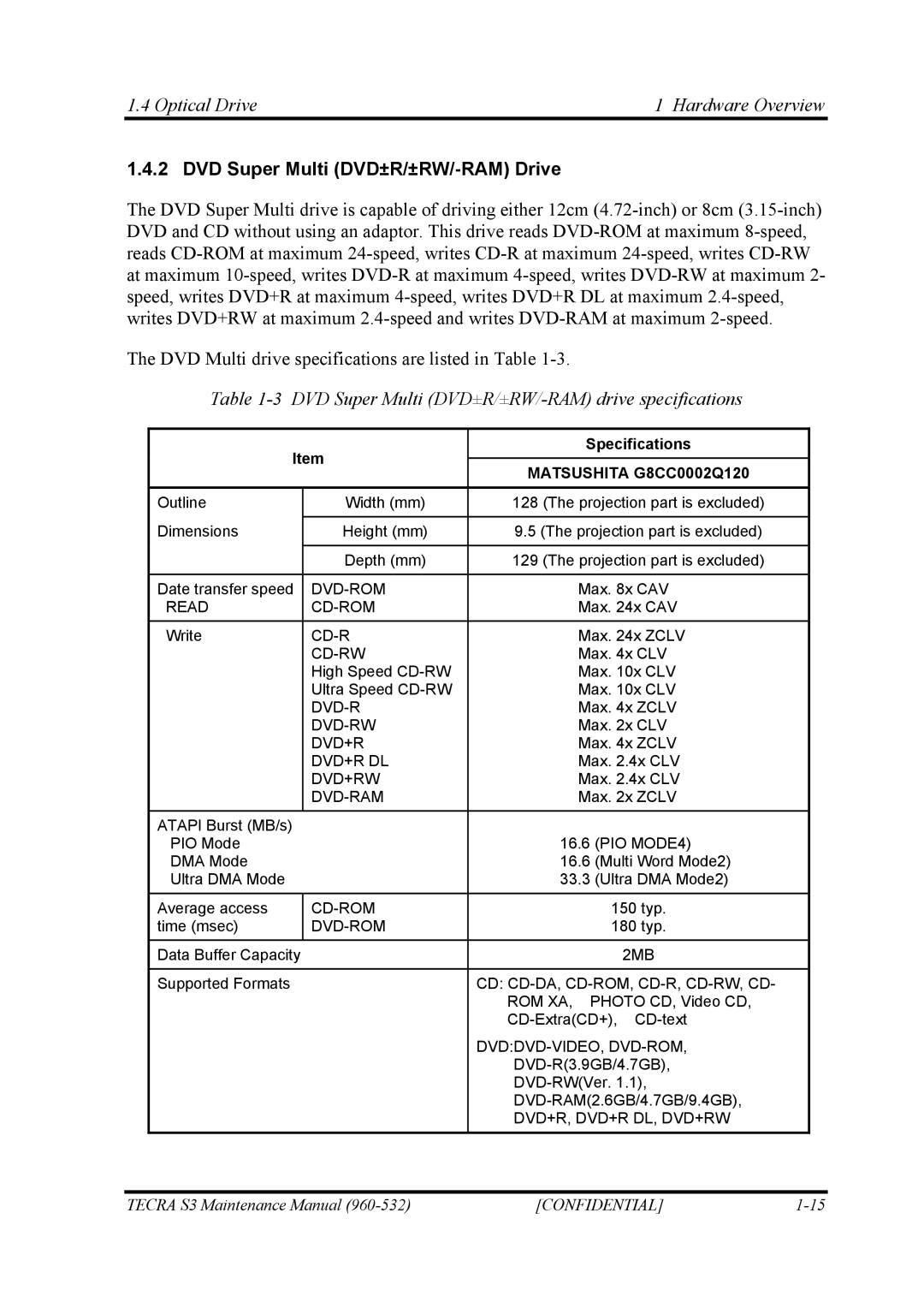 Toshiba S4 manual Optical Drive Hardware Overview, DVD Super Multi DVD±R/±RW/-RAM Drive 