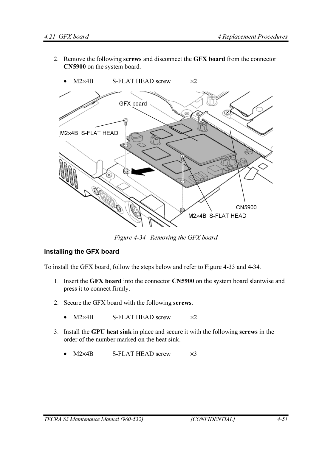 Toshiba S4 manual GFX board Replacement Procedures, Installing the GFX board 