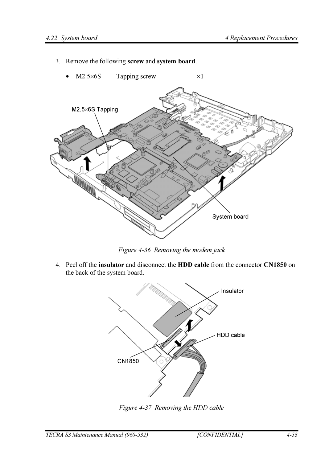 Toshiba S4 manual System board Replacement Procedures, Removing the modem jack 