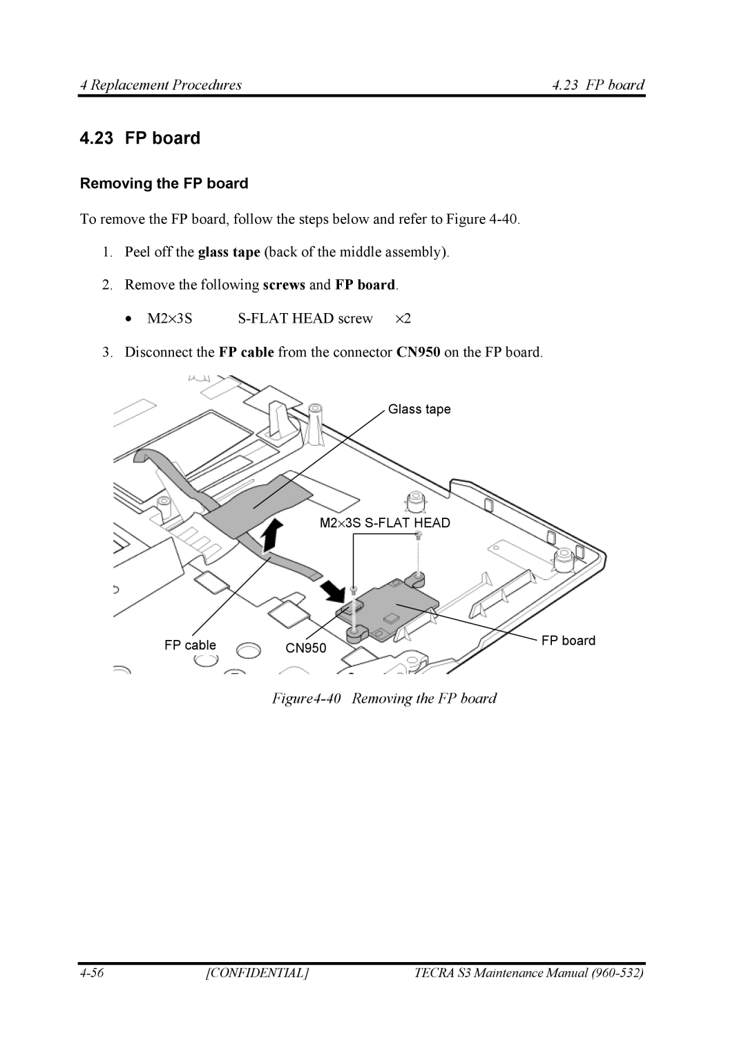 Toshiba S4 manual Replacement Procedures FP board, Removing the FP board 