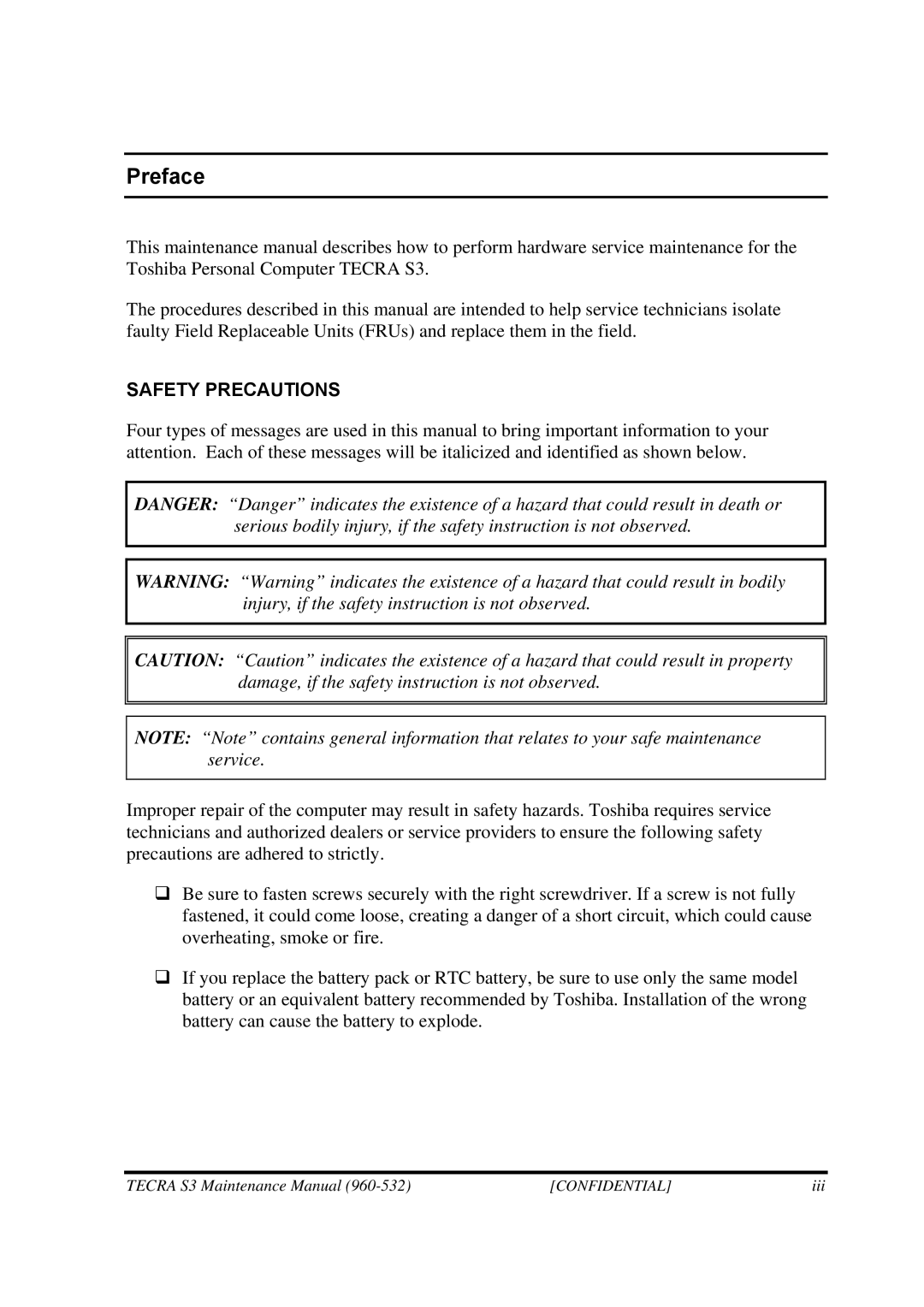 Toshiba S4 manual Preface, Safety Precautions 