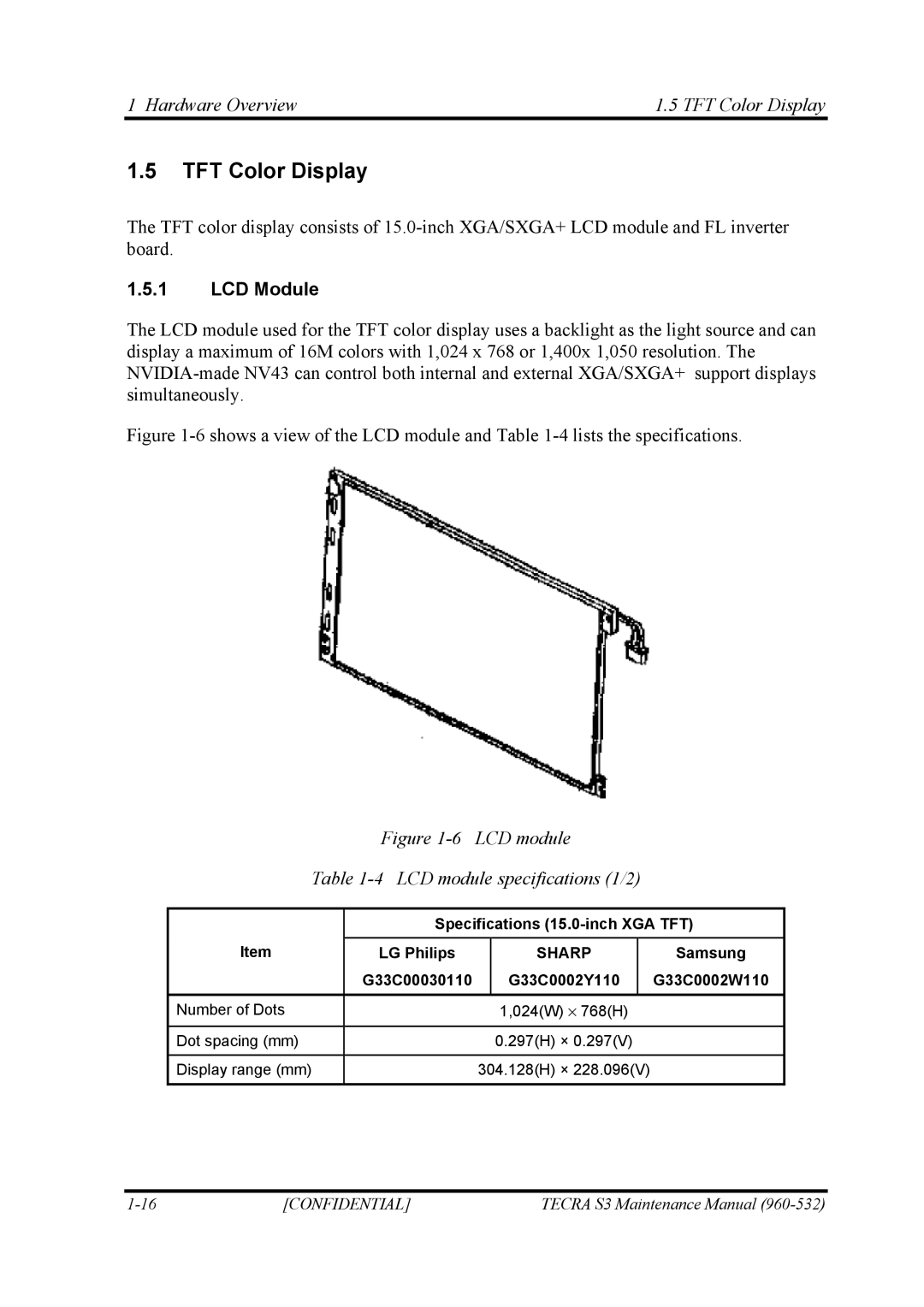 Toshiba S4 manual Hardware Overview TFT Color Display, LCD Module 