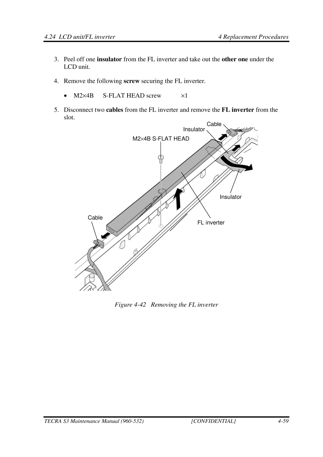 Toshiba S4 manual LCD unit/FL inverter Replacement Procedures, Removing the FL inverter 