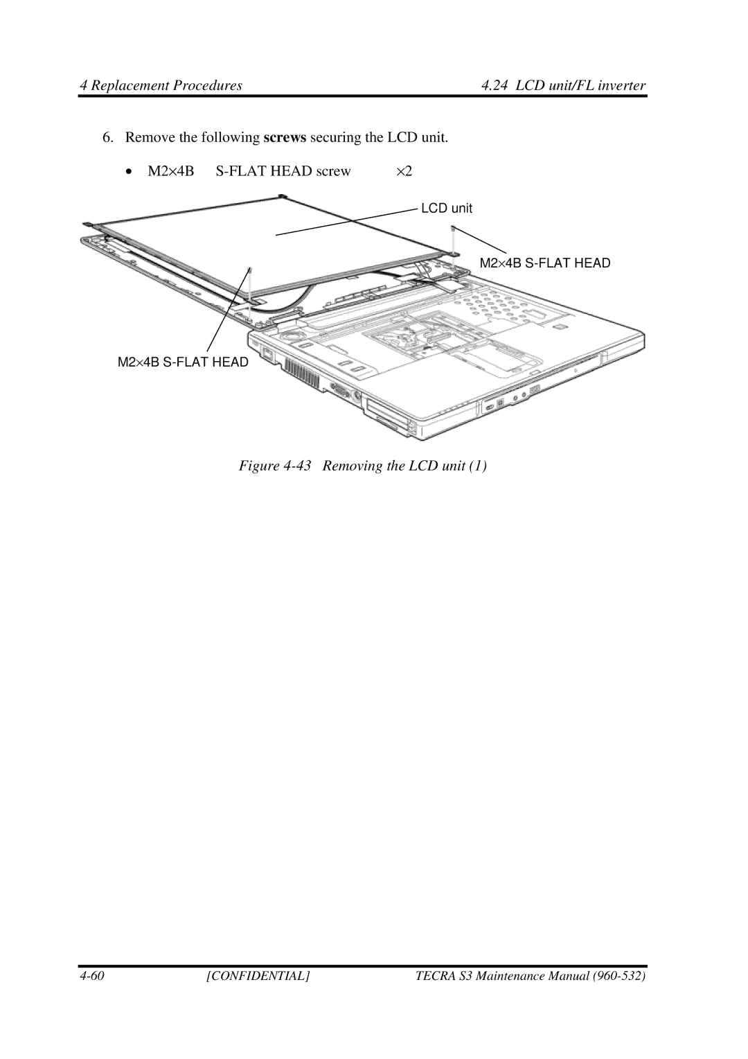 Toshiba S4 manual Removing the LCD unit 