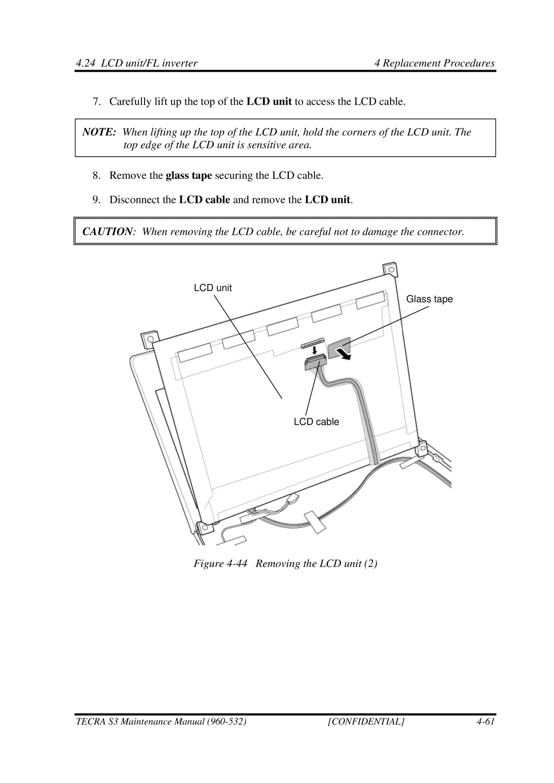 Toshiba S4 manual Removing the LCD unit 