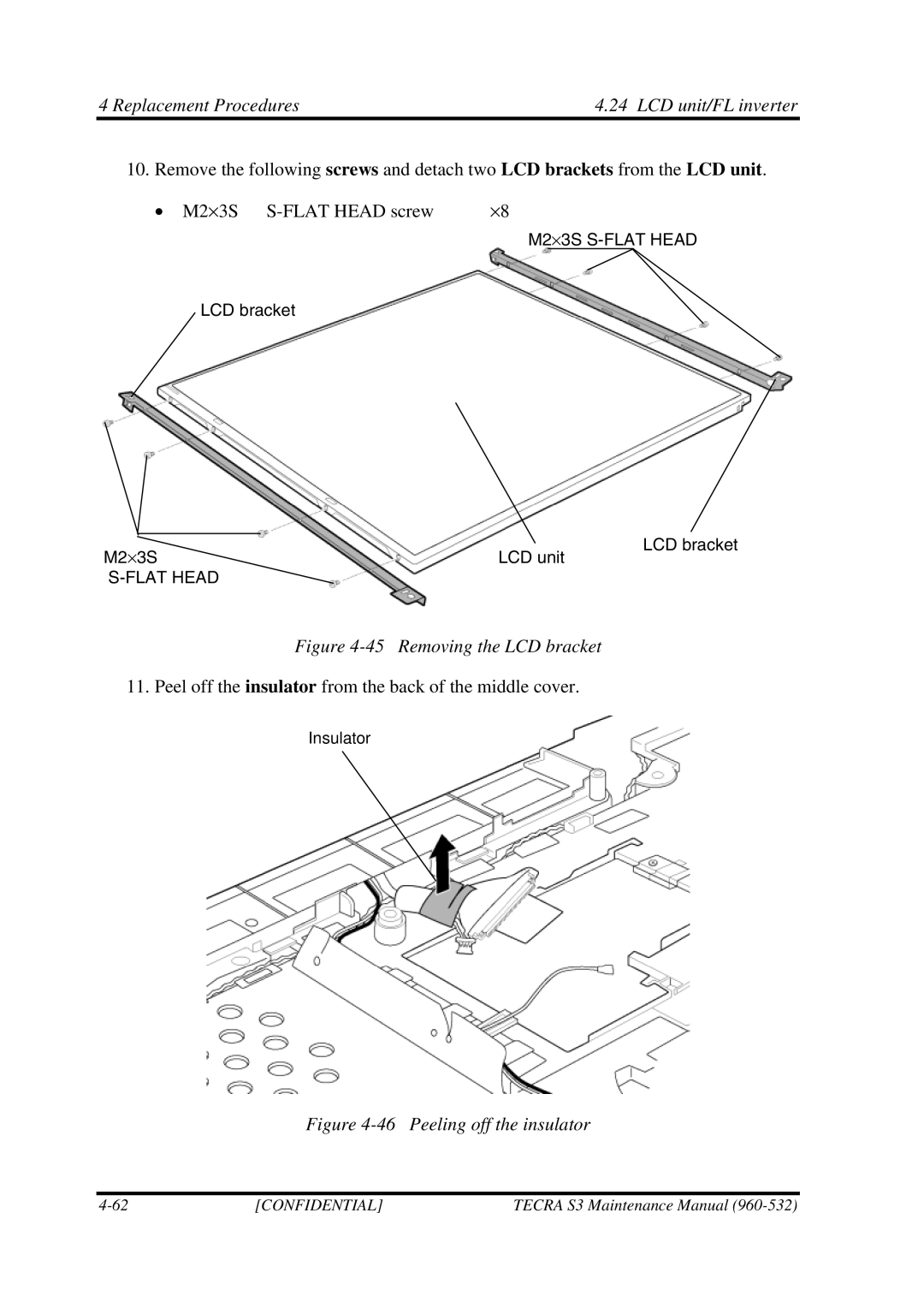 Toshiba S4 manual Removing the LCD bracket 