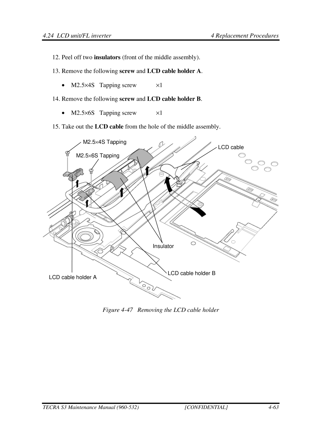 Toshiba S4 manual Removing the LCD cable holder 