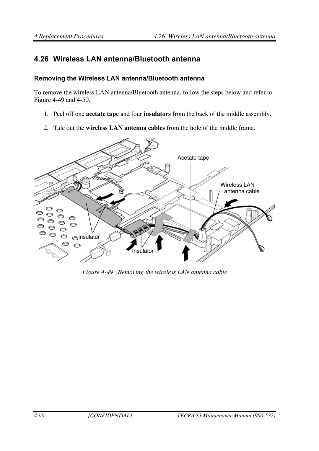 Toshiba S4 manual Removing the Wireless LAN antenna/Bluetooth antenna 