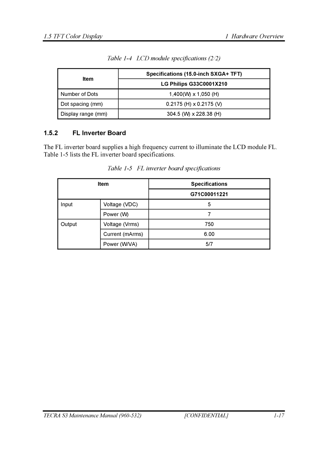 Toshiba S4 FL Inverter Board, FL inverter board specifications, Specifications 15.0-inch SXGA+ TFT LG Philips G33C0001X210 