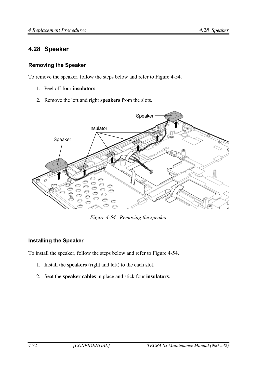 Toshiba S4 manual Replacement Procedures Speaker, Removing the Speaker, Installing the Speaker 