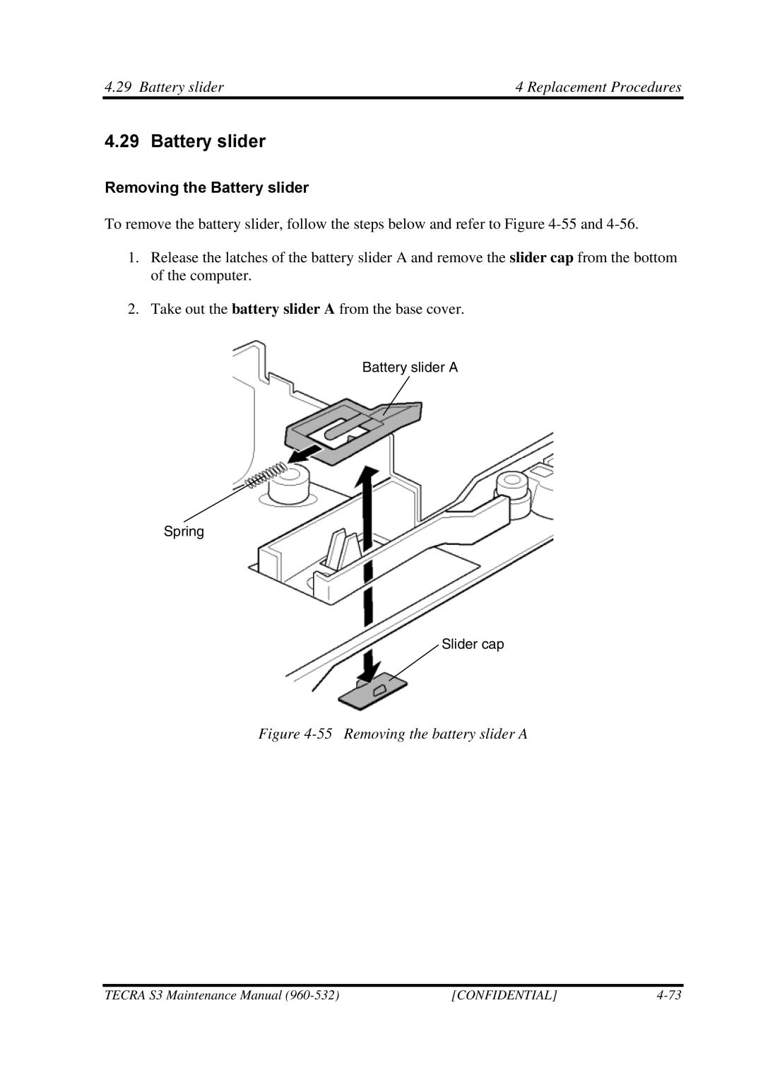 Toshiba S4 manual Battery slider Replacement Procedures, Removing the Battery slider 