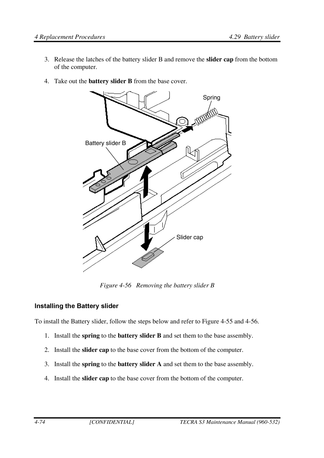 Toshiba S4 manual Replacement Procedures Battery slider, Installing the Battery slider 